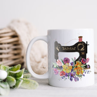 Floral Vintage Sewing Machine Monogram Two-Tone Coffee Mug