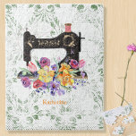 Floral Vintage Sewing Machine Personalized Jigsaw Puzzle<br><div class="desc">Pass some pleasant time with this pretty sewing themed puzzle printed with a black vintage style sewing machine on a faded damask and dotted background. Accented with your chosen monogram and name and a lavish bouquet of multi colored flowers. Just edit the name and monogram. Your choice of numerous print...</div>