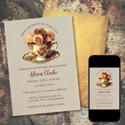 Floral Vintage Tea Bridal Shower Gold Birdal Invitation