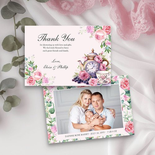 Floral Vintage Teapot Newborn Photo Baby Shower Thank You Card