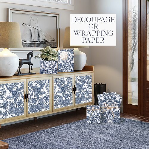 Floral Vintage Toile Navy Blue and White Decoupage Wrapping Paper Sheets