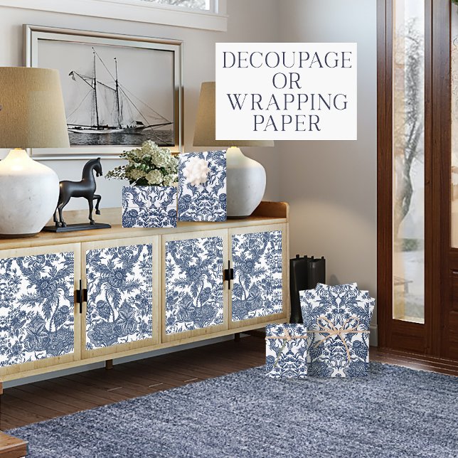 Floral Vintage Toile Navy Blue and White Decoupage Wrapping Paper Sheets (Creator Uploaded)