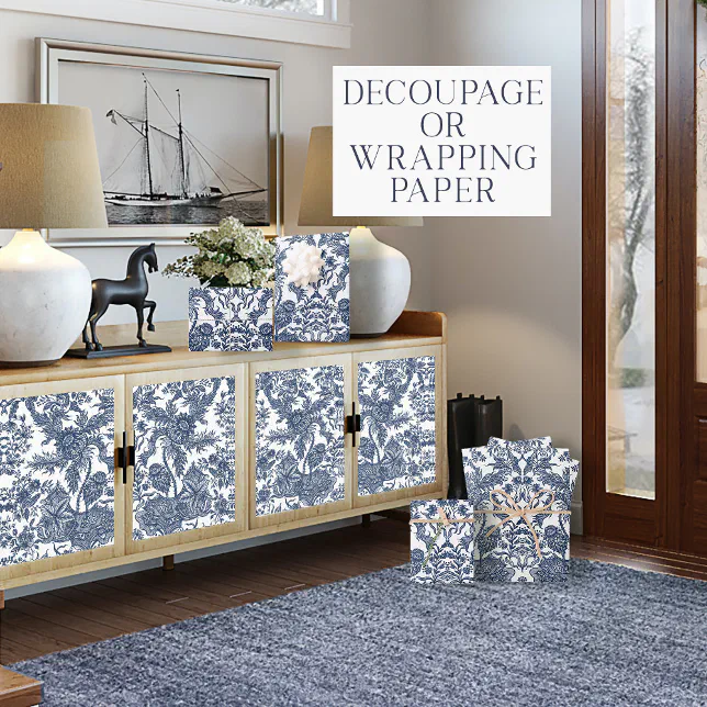 Floral Vintage Toile Navy Blue and White Decoupage Wrapping Paper ...