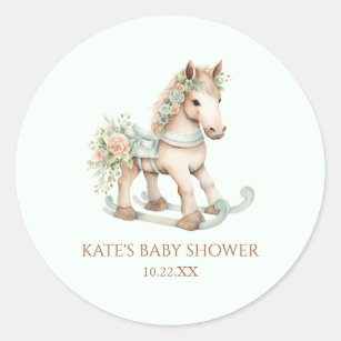 Floral Vintage Toy Rocking Horse Baby Shower Classic Round Sticker