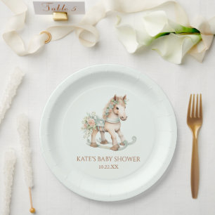 Floral Vintage Toy Rocking Horse Baby Shower Paper Plates