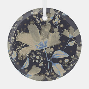 Floral Vintage Watercolor: Black Background Glass Ornament