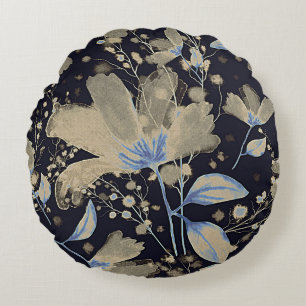 Floral Vintage Watercolor: Black Background Round Pillow