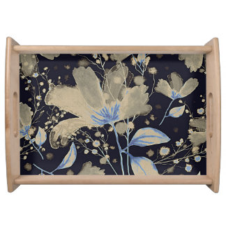 Floral Vintage Watercolor: Black Background Serving Tray
