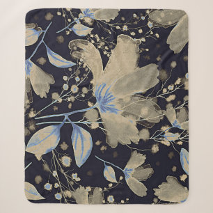 Floral Vintage Watercolor: Black Background Sherpa Blanket
