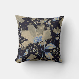 Floral Vintage Watercolor: Black Background Throw Pillow