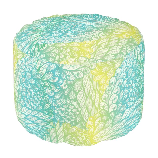Floral Vintage Yellow And Blue Gradient Pouf (Angled Front)