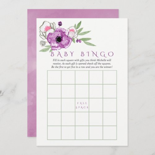 Floral Violet and Sage Baby Shower Baby Bingo Invitation