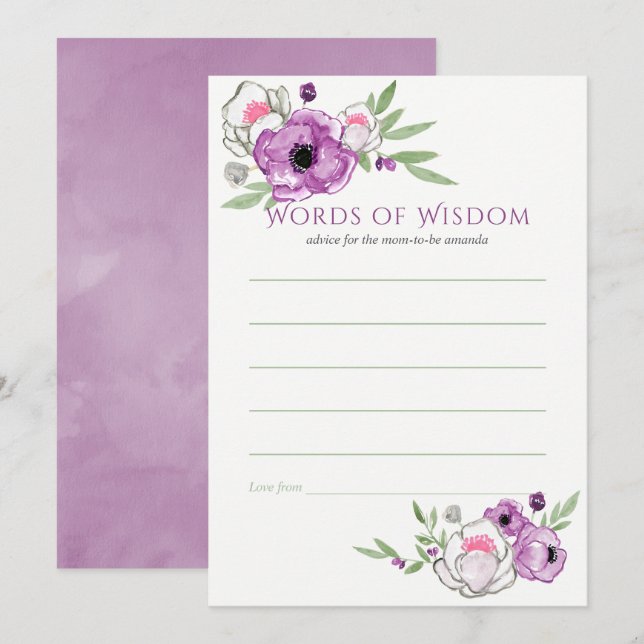Floral Violet and Sage Baby Shower Mom Advice Invitation (Front/Back)