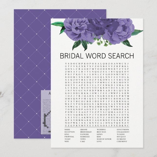 Floral Violet Bridal Shower Word Search Game Card (Front/Back)