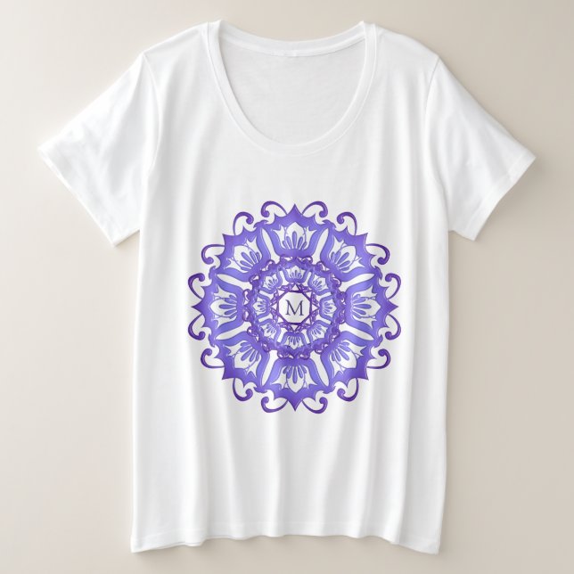 Floral violet mandala. Monogram. Plus Size T-Shirt (Design Front)