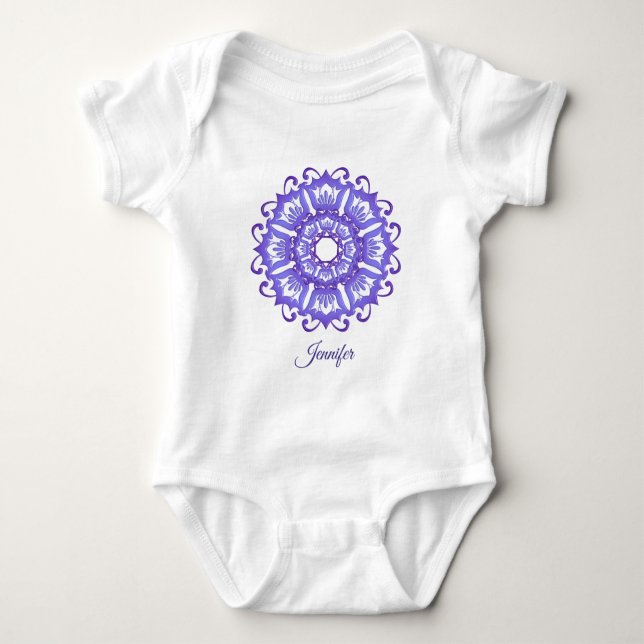 Floral violet mandala.Name. Baby Bodysuit (Front)