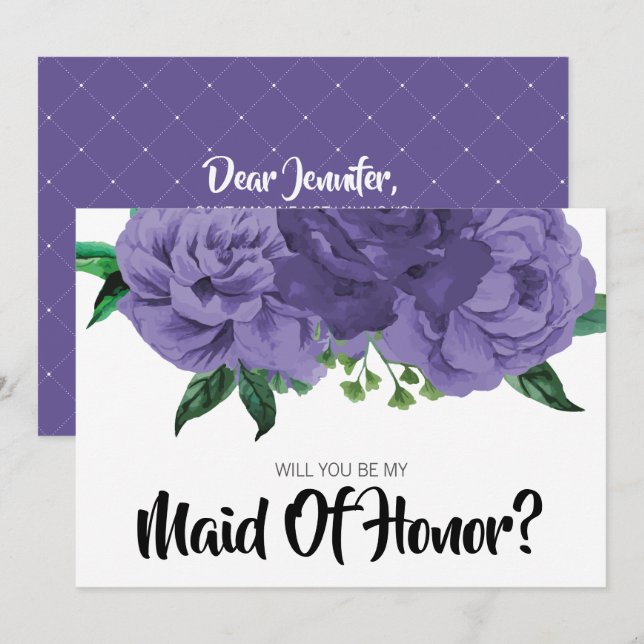 Floral Violet Purple Be My Maid of Honor Card (Front/Back)
