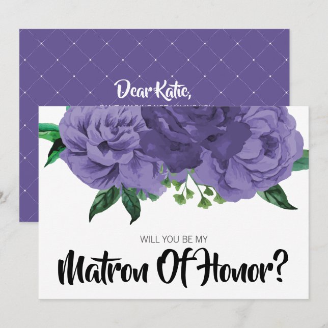 Floral Violet Purple Be My Matron of Honor Card (Front/Back)