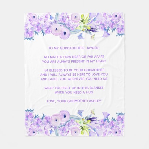 Floral Violet Purple Custom To My Goddaughter Fleece Blanket