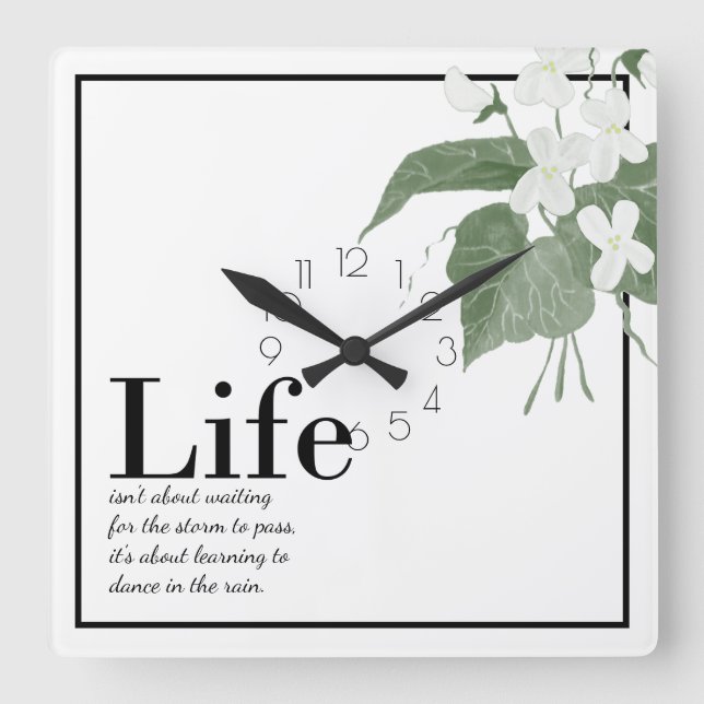 Floral Violets White on White Life Quote   Square  Square Wall Clock (Front)