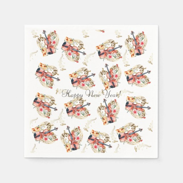 Floral Violins Gold Music Notes Christmas Holiday  Napkins (Front)