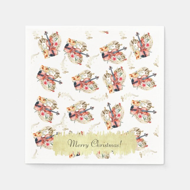 Floral Violins Gold Music Notes Christmas Holiday  Napkins (Front)