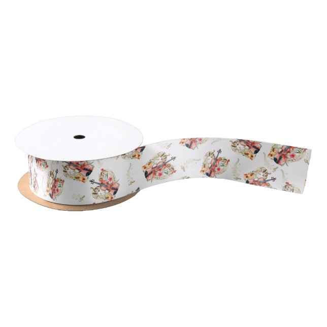 Floral Violins Gold Music Notes Christmas Holiday Satin Ribbon (Spool)