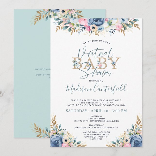 Floral Virtual Baby Shower Navy Blue Teal Gold Invitation (Front/Back)