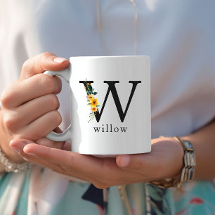 Floral W Monogram Mug with Editable Name