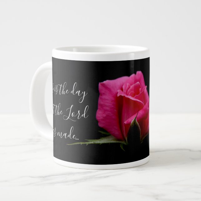 Floral w/ Verse; red rose blossom, Psalm 118:24 Giant Coffee Mug (Front Left)