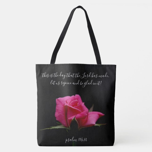Floral w/ Verse; red rose blossom, Psalm 118:24 Tote Bag (Front)