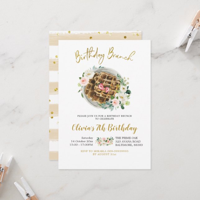Floral Waffle Birthday Brunch Invitation (Front/Back In Situ)