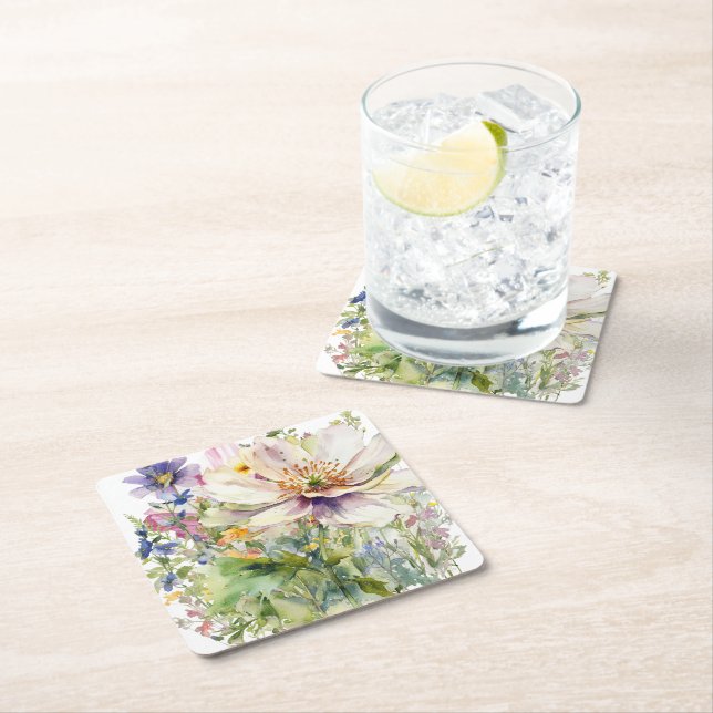 Floral Wall Clock Square Paper Coaster (Insitu)