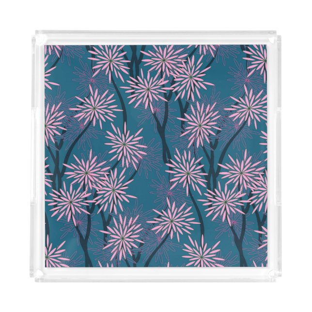 Floral wallpaper: Asian navy blue, pink. Acrylic Tray (Front)