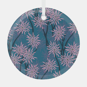 Floral wallpaper: Asian navy blue, pink. Glass Ornament