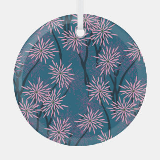Floral wallpaper: Asian navy blue, pink. Glass Ornament