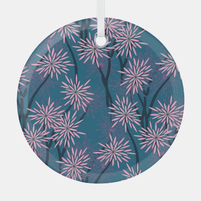 Floral wallpaper: Asian navy blue, pink. Glass Ornament (Front)