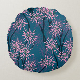 Floral wallpaper: Asian navy blue, pink. Round Pillow