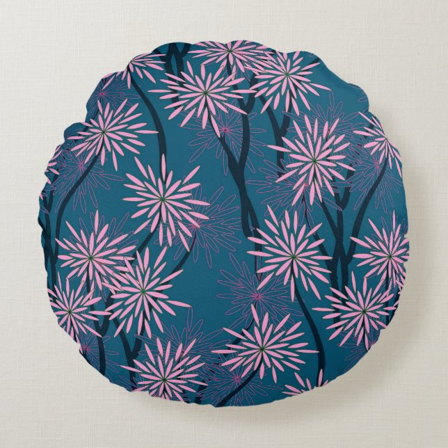 Floral wallpaper: Asian navy blue, pink. Round Pillow (Front)