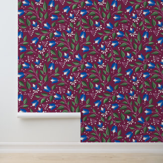 Floral Wallpaper in Burgundy and Deep Blue Wallpaper