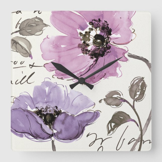 Floral Waltz Plum Watercolor Flowers Square Wall Clock (Front)