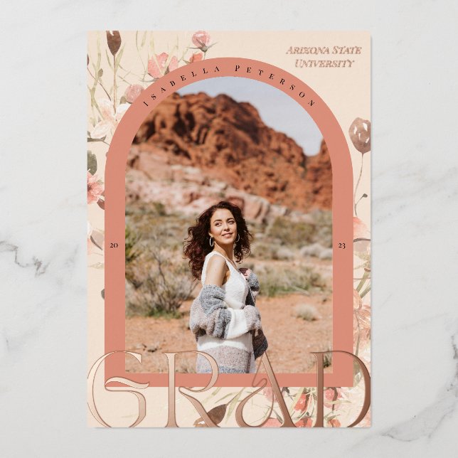 Floral Wanderlust: Boho Chic Graduation Photo Foil Invitation (Front)