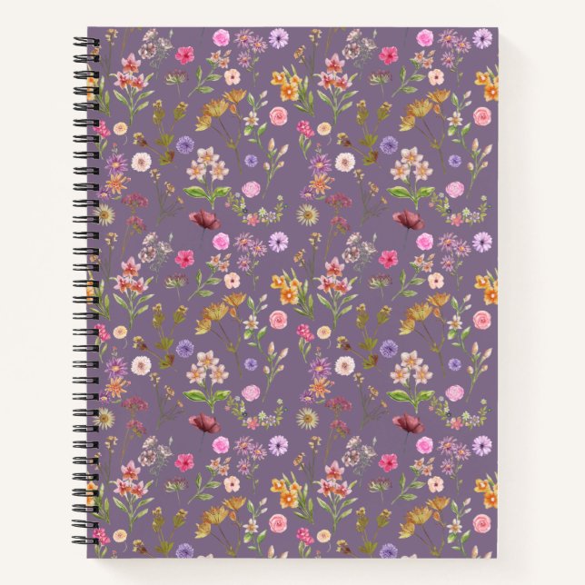 floral water color pattern- pink, purple, green- notebook (Front)