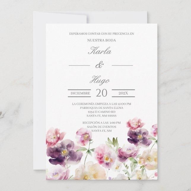 Floral water colored Spanish Wedding Invitation (Front)
