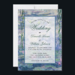 Floral Water Lilies Monet Painting Elegant Wedding Invitation<br><div class="desc">This botanical invitation has as a background a water lilies painting  by Claude Monet (now in the public domain).. The text is in a transparent white rectangle.. The occasion "Wedding" and the names are  written in a blue elegant calligraphic script,  the rest in small black caps.</div>