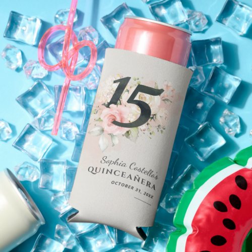 Floral Watercolor 15th Birthday Quinceanera Script Seltzer Can Cooler