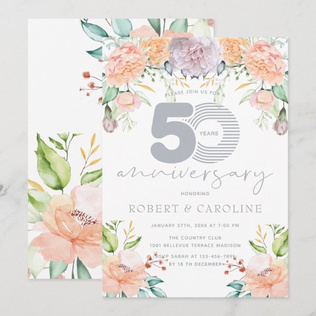 Floral Watercolor 50th Wedding Anniversary Invitation (Front/Back)