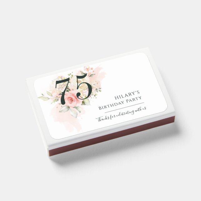 Floral Watercolor 75th Birthday Party Favor Matchboxes (Front Closed)