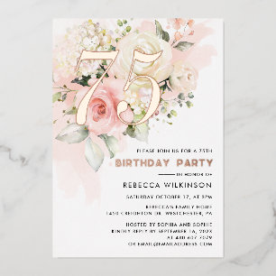 Floral Watercolor 75th Birthday Party Foil Invitation