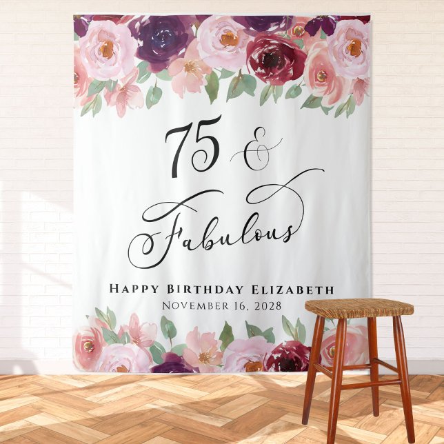 Floral Watercolor 75th Birthday Party Tapestry (Creator Uploaded)